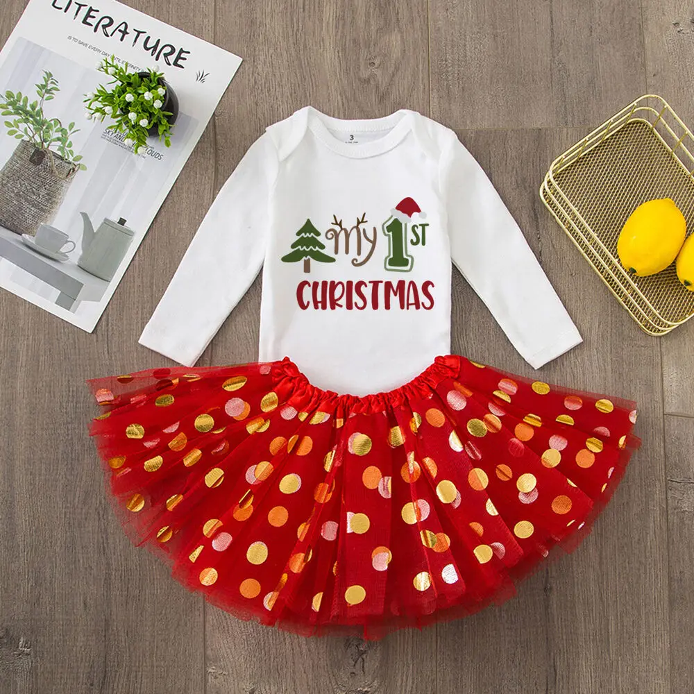 My 1st Christmas Body para bebé, conjunto de vestidos con forma de pastel, mono de manga larga para niñas, faldas tutú, ropa para niños pequeños, trajes de fiesta de Navidad - imagen 5