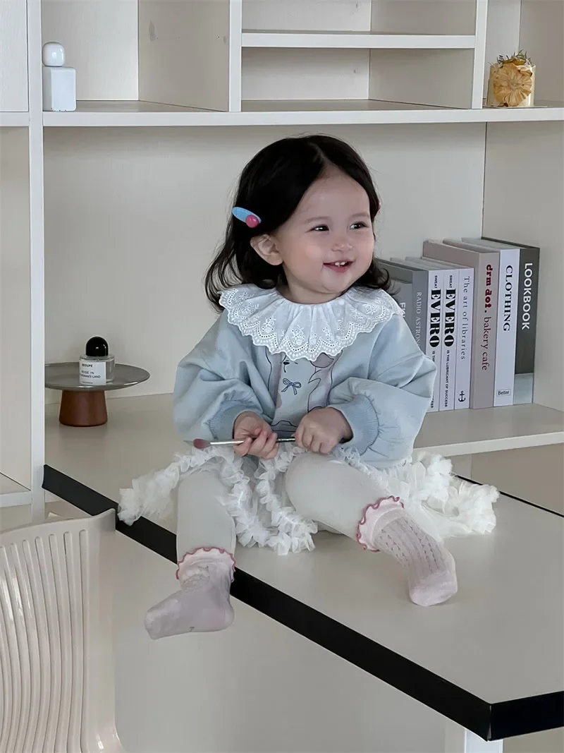 MILANCEL, nuevo conjunto de ropa de primavera para bebé, 9M-3T, sudadera con capucha y cuello de encaje de perro bonito para niñas, culottes con respaldo de malla para niños pequeños - imagen 2