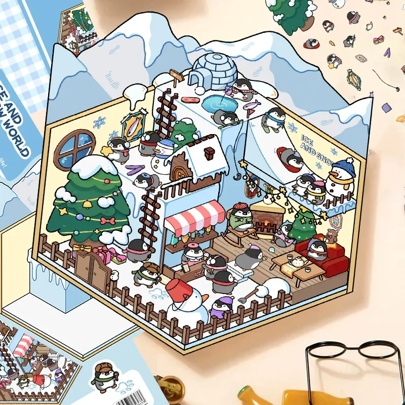 Escena en miniatura del mundo de hielo y nieve de dibujos animados, pegatinas de paisajismo 3D, escena DIY, apilamiento y pegado, cuenta de mano, regalos creativos