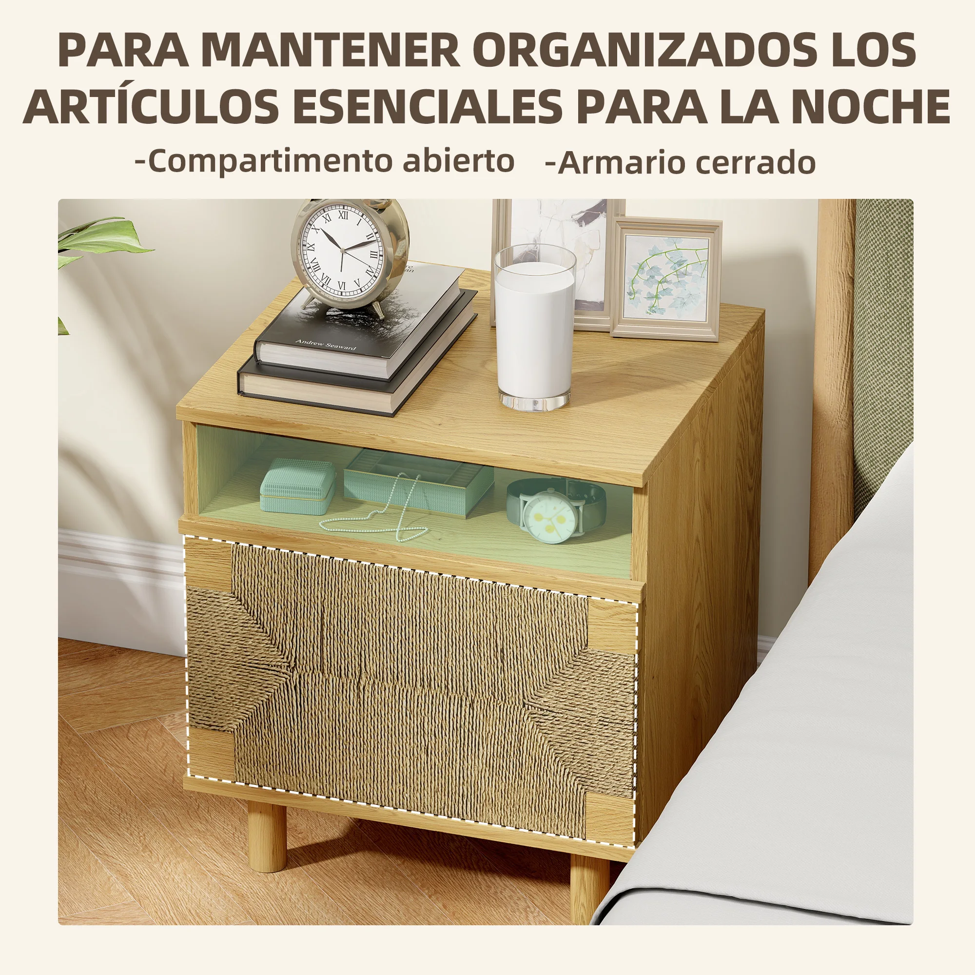HOMCOM Mesita de Noche Bohemio con Puerta de Cuerda de Papel, Mesilla de Noche con Estante Abierto, Patas de Madera y Apertura por Presión, Mesa Auxiliar para Dormitorio, Salón, 45x39x50 cm, Roble - imagen 3