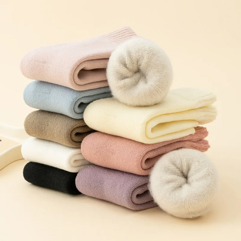 Calcetines térmicos hasta la rodilla de lana gruesa y cálida para invierno, calcetines de algodón suave para niños y niñas, calcetines térmicos simples de felpa de Color sólido para niños - imagen 4