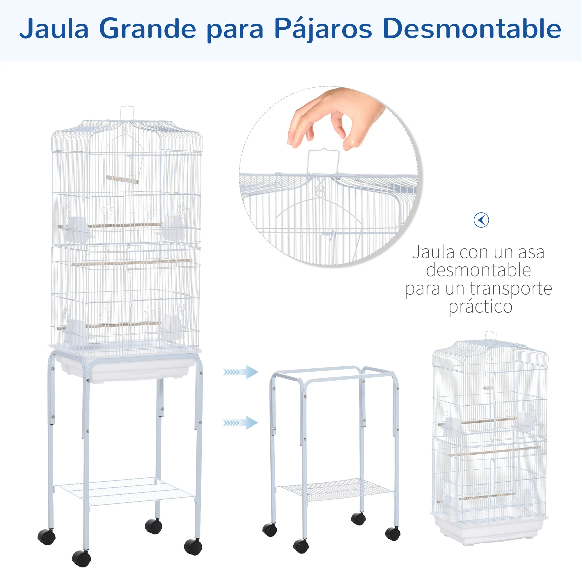 PawHut Jaula para Pájaros con Ruedas 46,5x36x157 cm Jaula Metálica de Aves con Puertas 4 Comederos 3 Perchas Bandeja Extraíble y Estante de Almacenaje para Canarios Periquitos Blanco - imagen 4
