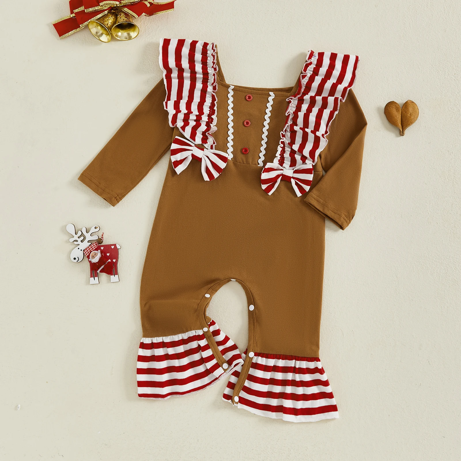 SUNSIOM Traje de pan de jengibre para niña de 0 a 18 meses, pantalones acampanados de manga larga con volantes a rayas, mameluco de Navidad infantil - imagen 3