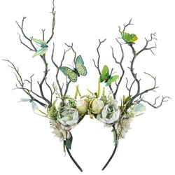 Diadema floral verde con mariposa para niña