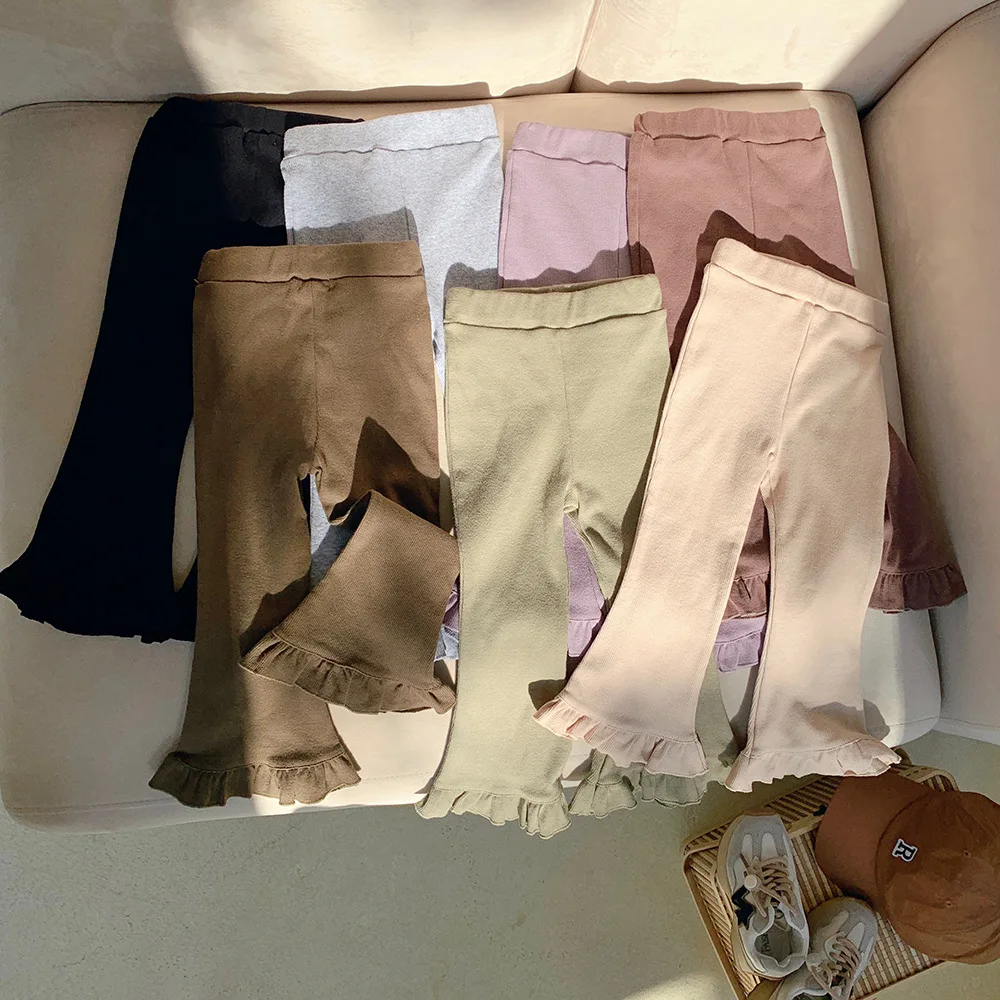 Pantalones acampanados ajustados elásticos a rayas Vintage para niñas, pantalones con volantes en blanco de cintura alta, ropa para niñas de verano - imagen 5