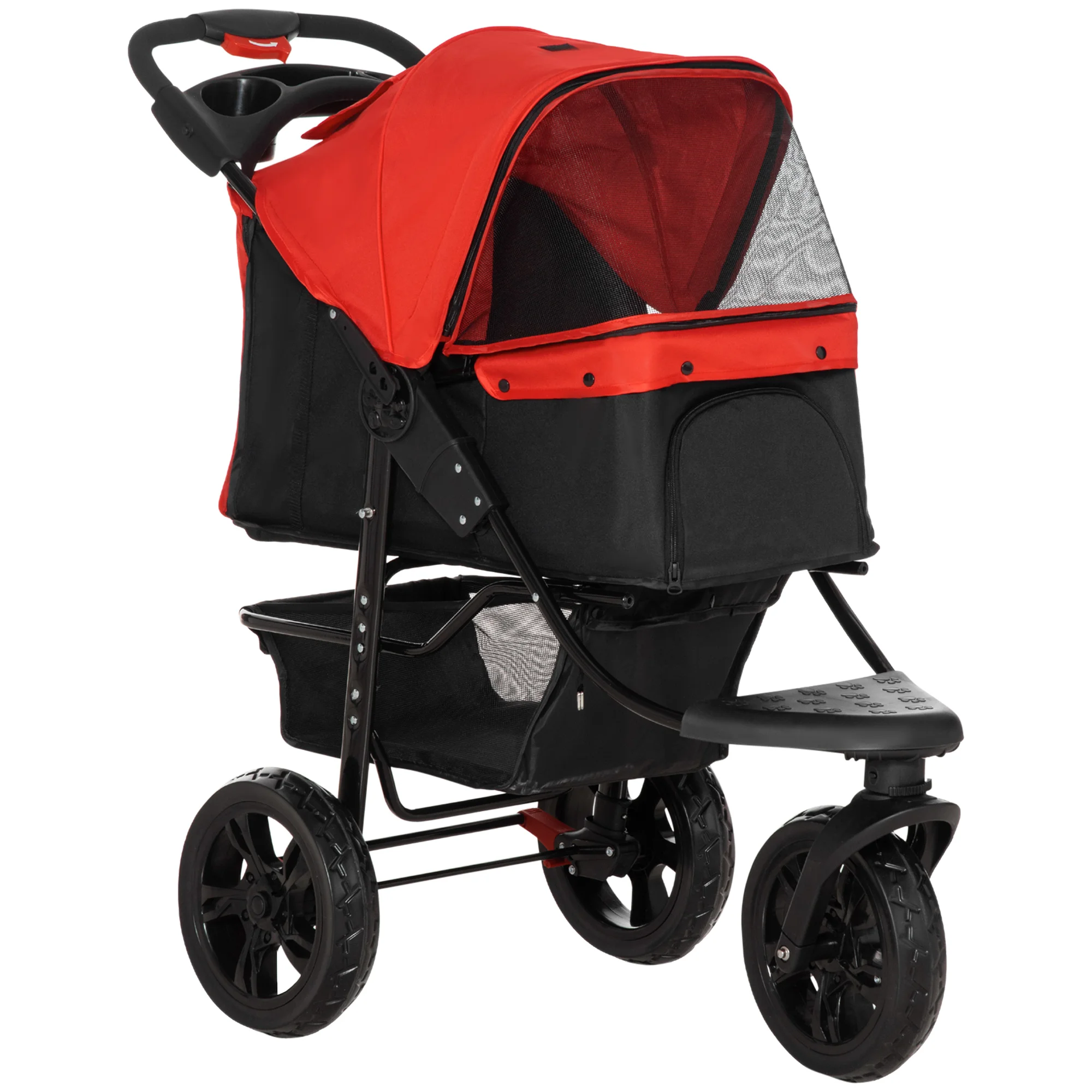PawHut Carrito para Perros Plegable Cochecito para Mascotas Carrito para Perros Pequeños con 3 Ruedas Ventanas de Malla Cesta de Almacenaje y Correas de Seguridad 109,5x57,5x106,5 cm Rojo - imagen 2