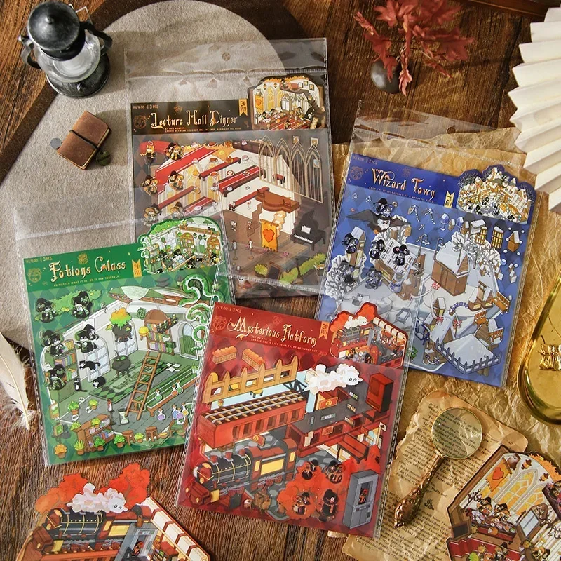 Creativo DIY lindo gatito de dibujos animados paisaje 3D gato de dibujos animados paisaje pegatina conjunto decoración para niños adultos alivio del estrés