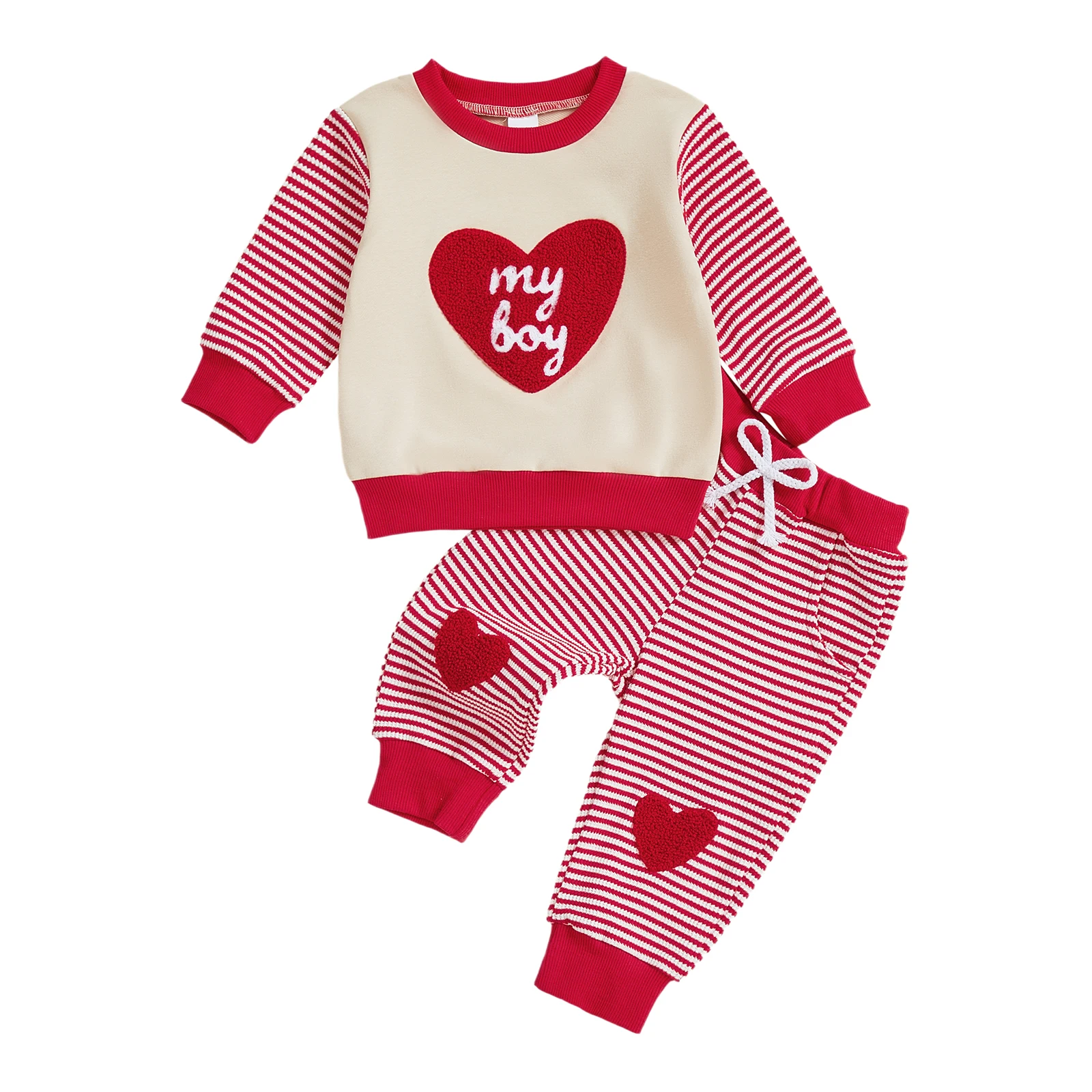 Conjunto de sudadera y pantalones con bordado de corazón de manga larga para el día de San Valentín para bebé