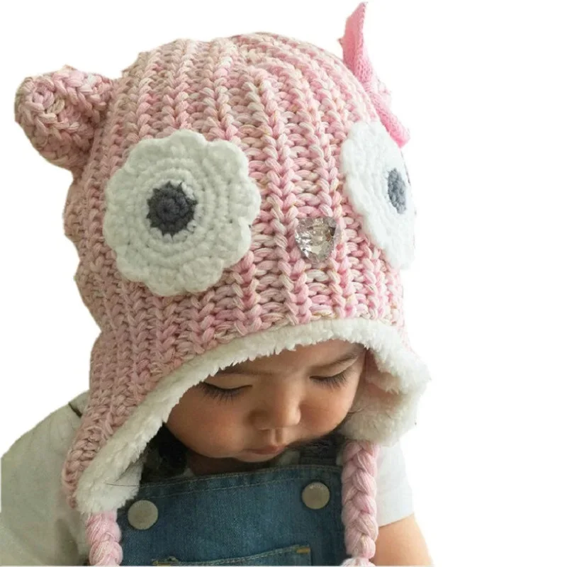Gorro para niñas de 0 a 2 años, gorros de dibujos animados de búho rosa, gorros cálidos con forro de terciopelo para niñas, gorros de invierno para niños, accesorios de fotografía recién nacido