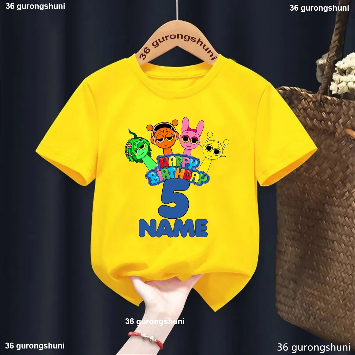 Nombre personalizado 3er-9 cumpleaños Sprunki personaje juego gráfico impreso camiseta amarilla niños el regalo de cumpleaños perfecto ropa para niños - imagen 3