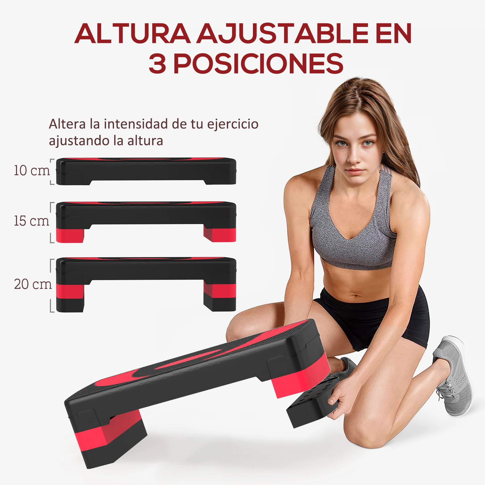 HOMCOM Step de Aeróbic, Step para Fitness Antideslizante con Altura Regulable 3 Niveles de 10/15/20 cm, Tabla Plataforma Stepper para Ejercicio en Casa Gimnasia, Carga 150 kg 80x31x20 cm, Rojo - imagen 2