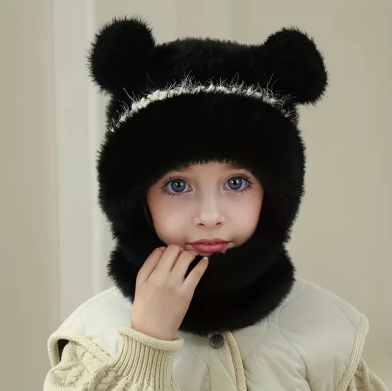 Gorro polar con orejas de oso y calentador de cuello para niña – Felpa suave - imagen 2