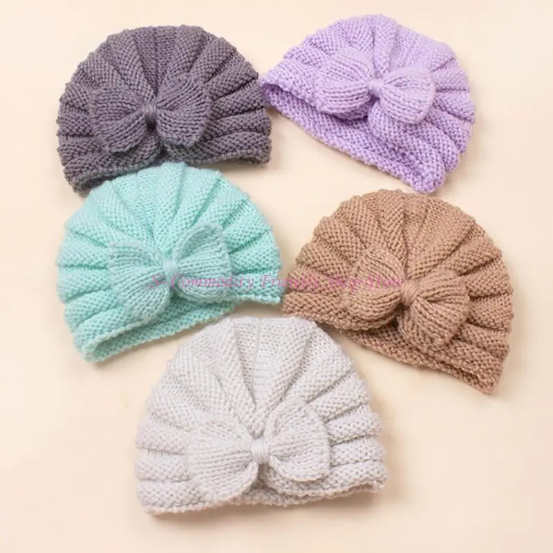 85AE Gorro tejido a gorro tejido a mano, gorro con nudo lazo para niñas pequeñas para cabeza A - imagen 2