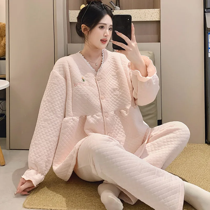 Traje de mes de lactancia sándwich de algodón de aire, pijamas gruesos de invierno para mujeres embarazadas, pijamas cálidos posparto para amamantar - imagen 2