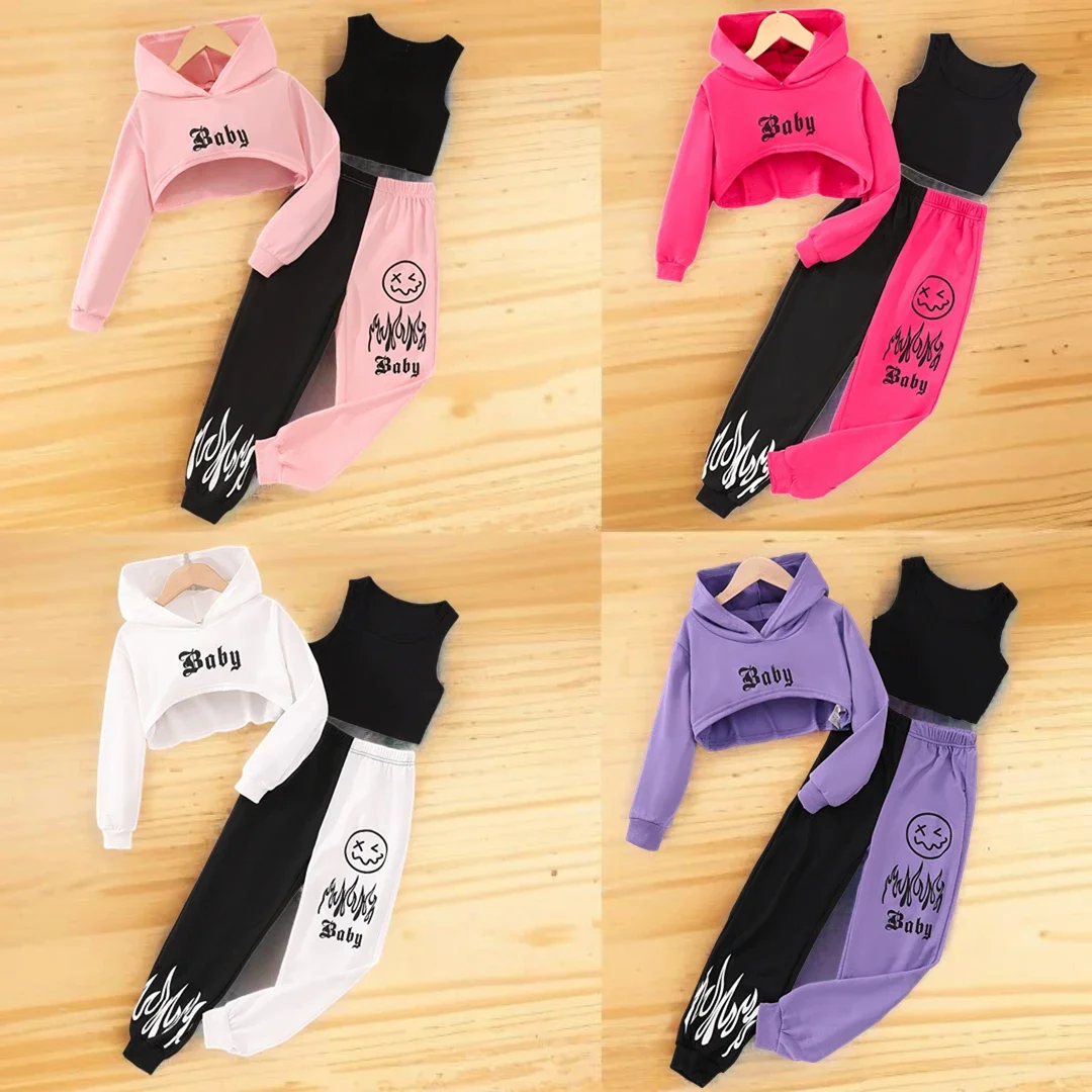 Conjunto de ropa de manga larga para niños y niñas, Top con capucha de 3 piezas, chaleco y pantalones de colores contrastantes, traje para primavera y otoño, 2024