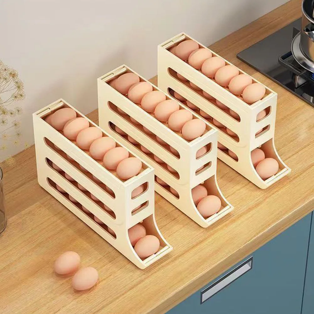Estante para huevos rodante automático - Caja para almacenar huevos para refrigerador - Soporte para caja de almacenamiento - Cajón doble para huevos - Herramientas de cocina - imagen 4