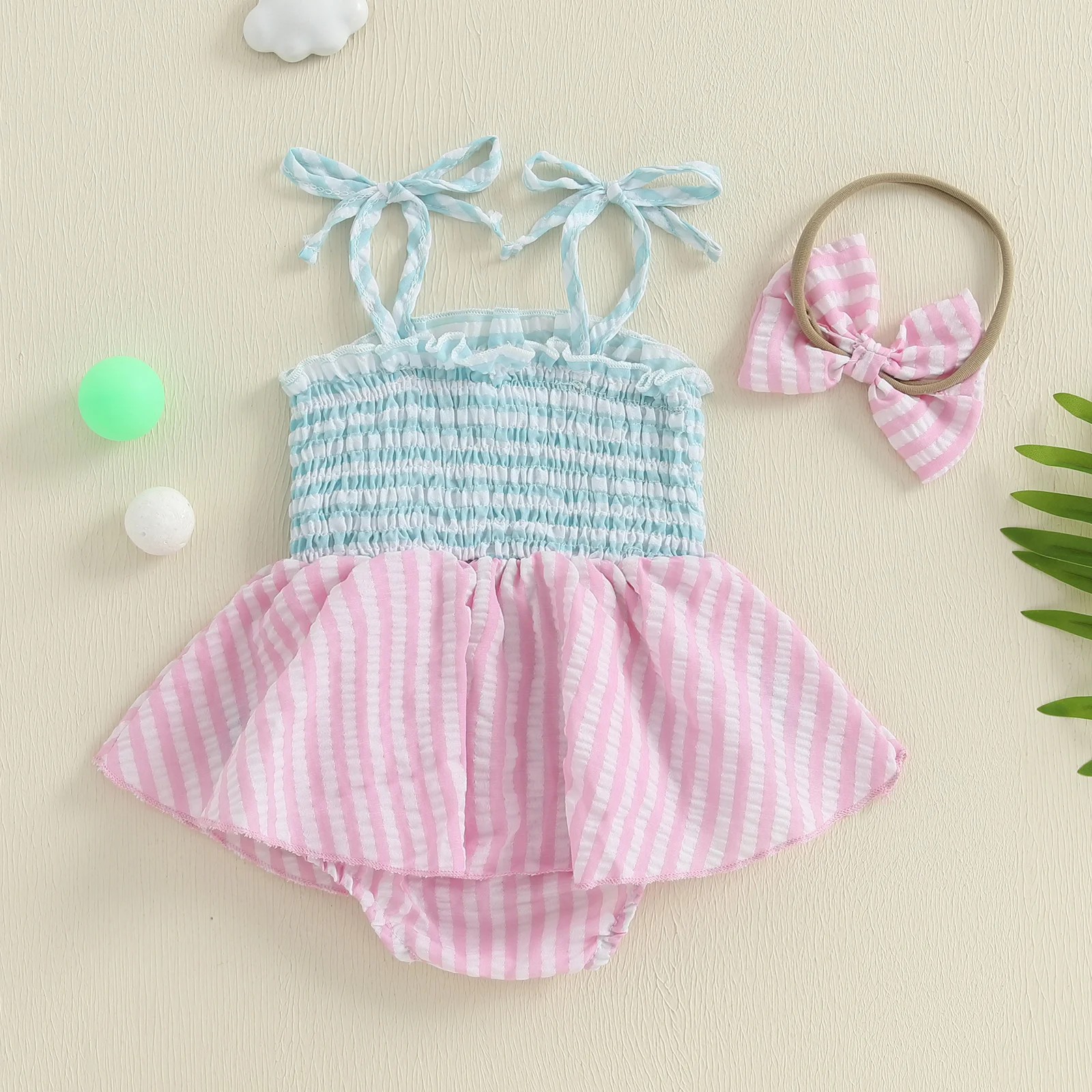 Suefunskry Conjunto de verano de 2 piezas para bebé niña, traje de golf a rayas con lazo y hombros descubiertos, diadema con lazo - imagen 2