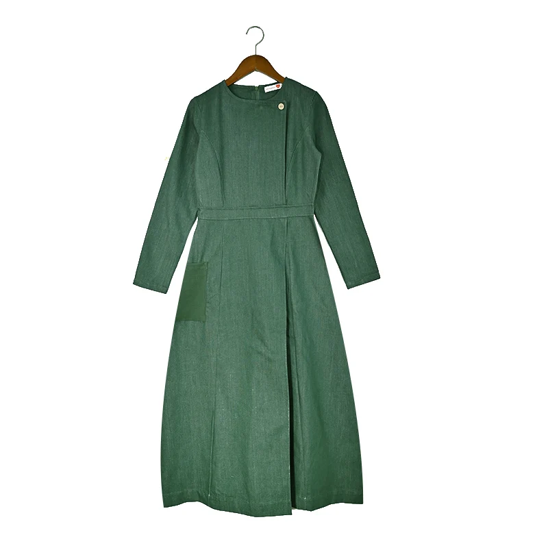 Vestido largo tejido para mujer Otoño/Invierno gris verde con bolsillos laterales manga larga cuello redondo vestido casual hasta el suelo - imagen 3