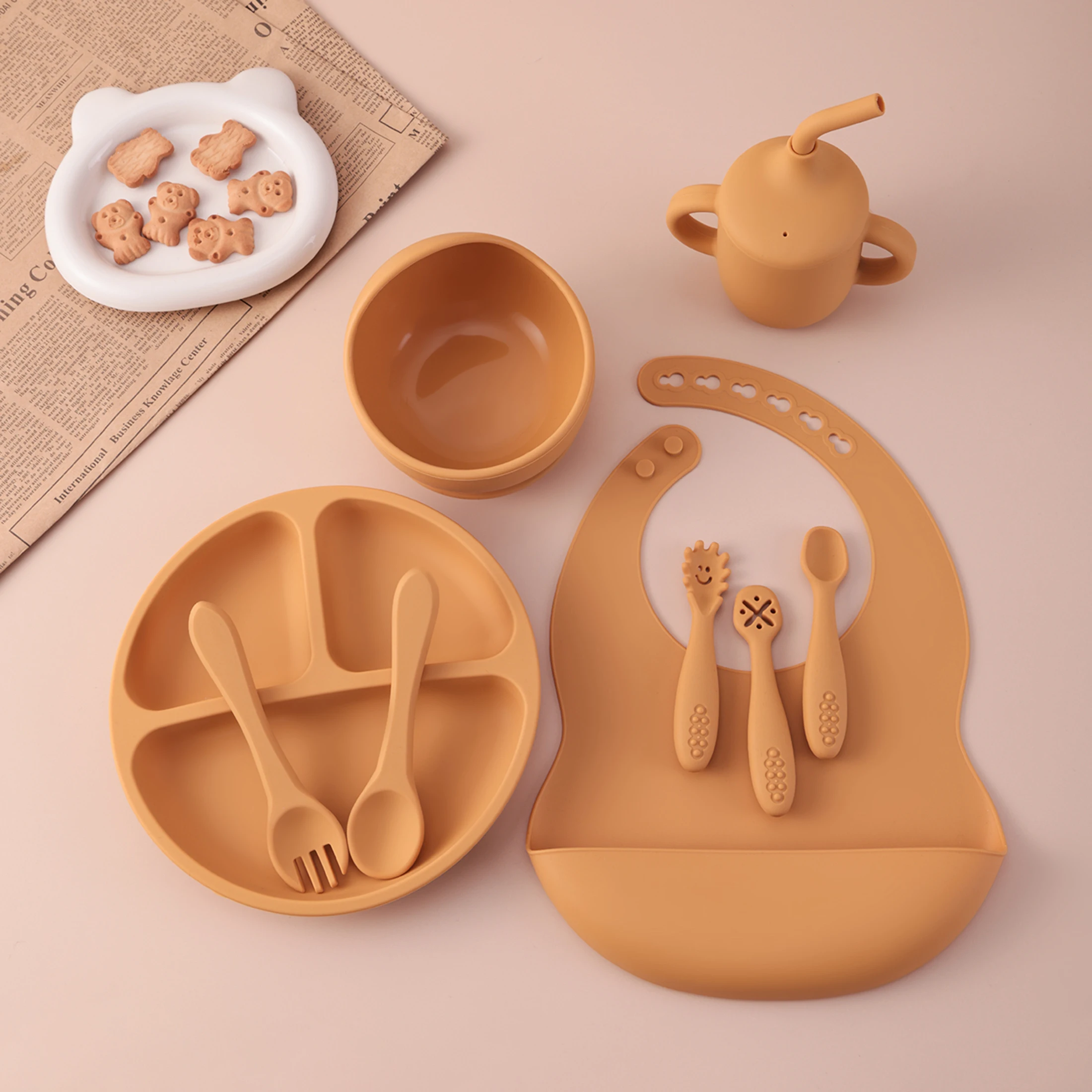 Juego de alimentación de bebé de silicona, platos de succión, cuenco, babero, taza para sorber, sin BPA, artículos esenciales para niños pequeños, vajilla autodefensa, 9 Uds. ﻿ - imagen 3