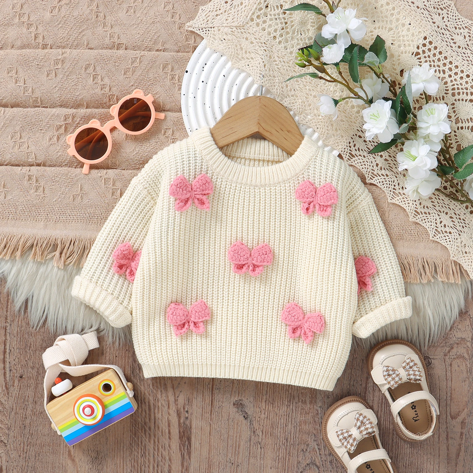 Pulls à manches longues avec nœud papillon pour bébés filles, pulls pour tout-petits, tricots pour nouveau-nés, vêtements d'extérieur à la mode, 1 à 3 ans - imagen 2