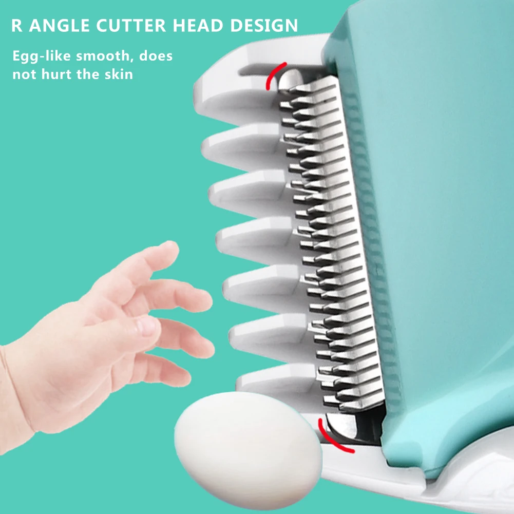 Un primer plano de una cortadora de cabello con un diseño de cabezal de corte en ángulo R. El diseño está resaltado por una flecha roja que apunta a la cabeza del cortapelos, que se describe como suave como un huevo y no daña la piel.