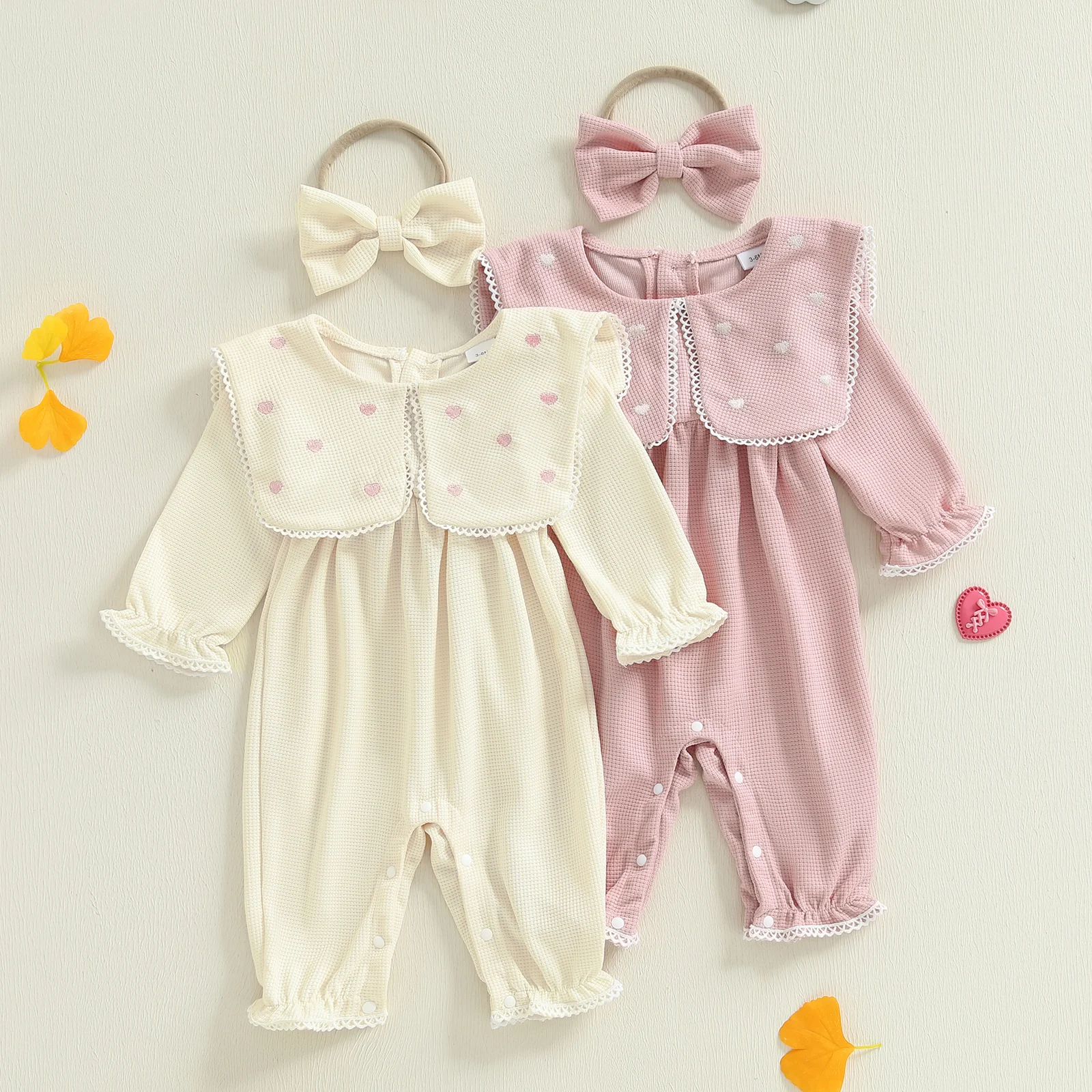 SUNSIOM Mameluco de burbujas para niñas, mono de manga larga con cuello de muñeca bordado de corazón a la moda y diadema