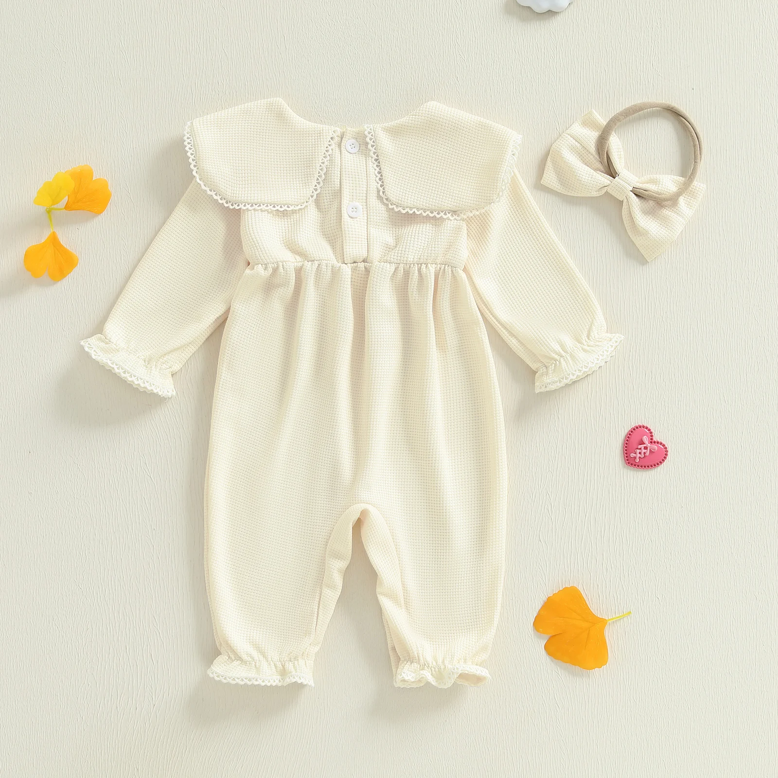 SUNSIOM Mameluco de burbujas para niñas, mono de manga larga con cuello de muñeca bordado de corazón a la moda y diadema - imagen 3