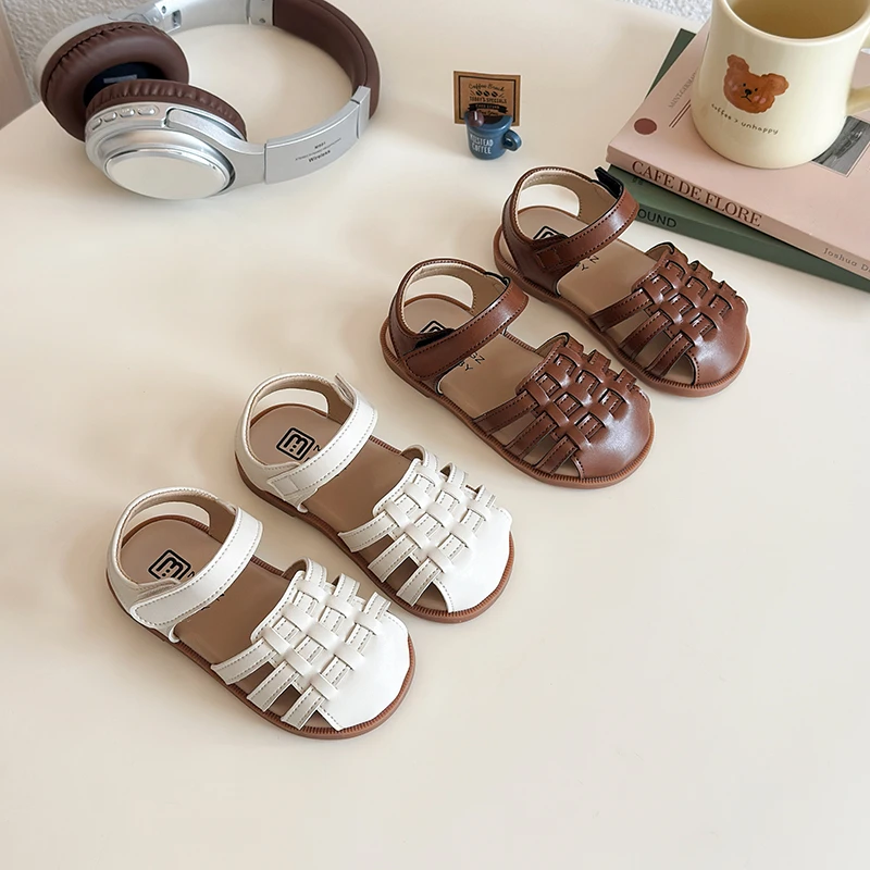 Sandalias tejidas de verano para niñas pequeñas, zapatos de princesa recortados, zapatos de playa para niños, sandalias infantiles de suela suave antideslizantes