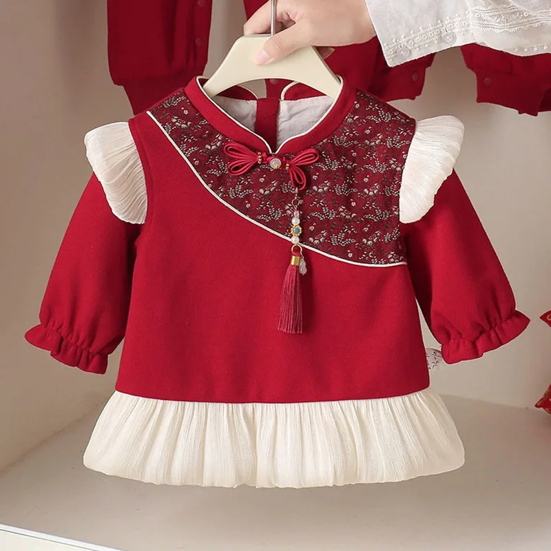 Vestido bordado rojo para niña – Manga larga estilo oriental - imagen 2