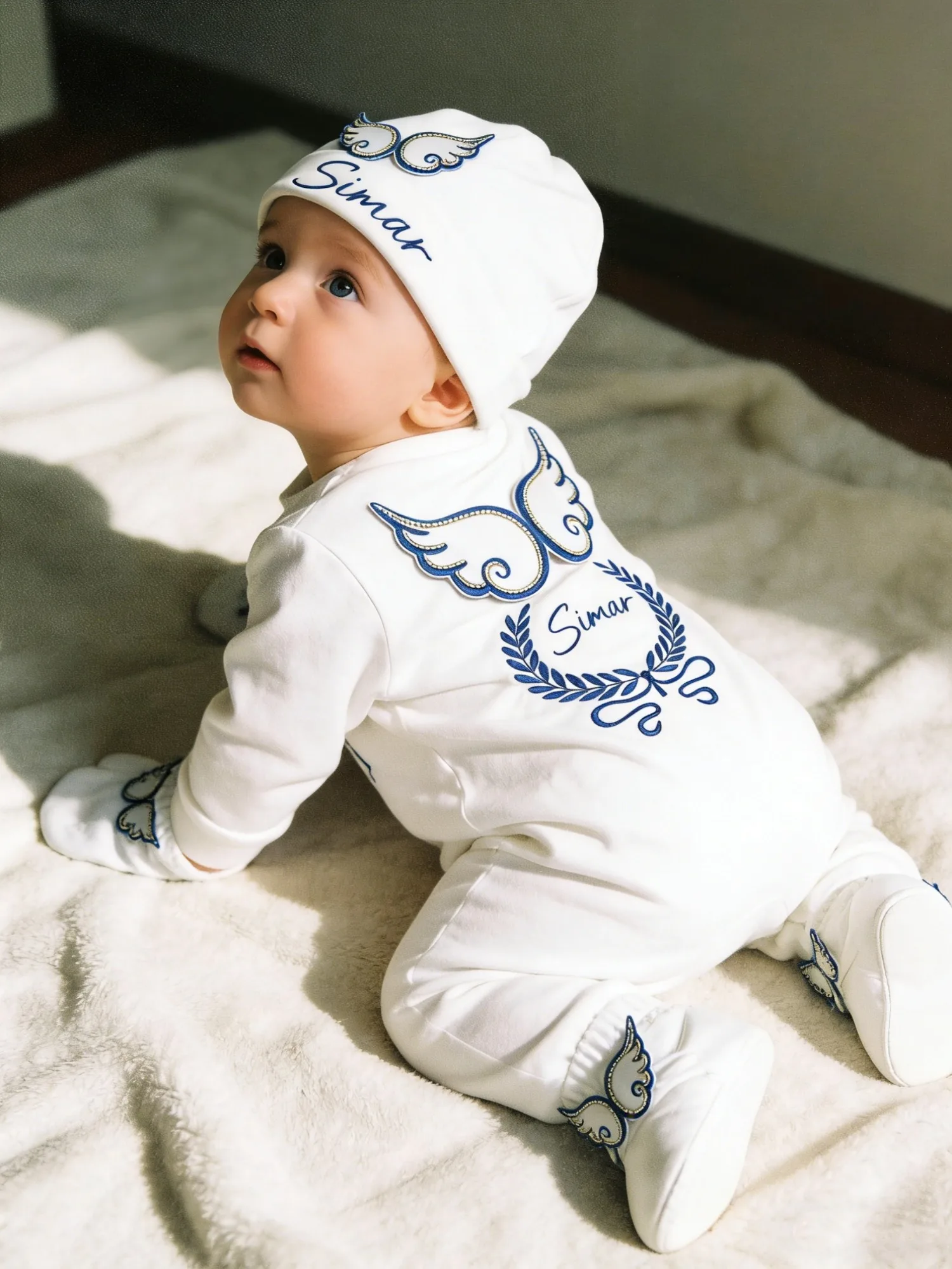 Conjunto de traje de ángel para bebé, color azul, blanco y dorado, ropa para recién nacido estilo Príncipe para uso diario, sesión de fotos, bautismo - imagen 3