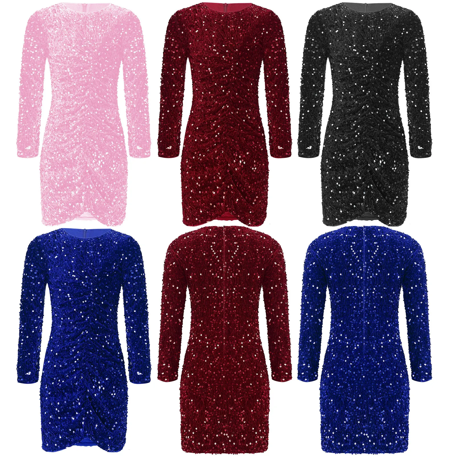 Vestido de princesa con lentejuelas para niñas, vestido ajustado de terciopelo fruncido frontal de manga larga para boda, fiesta de cumpleaños, graduación, ocasión Formal - imagen 2