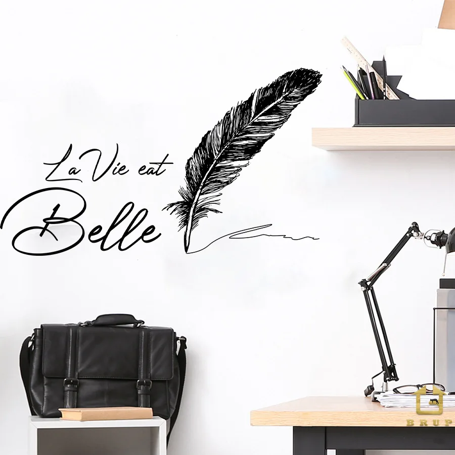 Pegatinas de pared con bolígrafo de plumas simples, pegatinas de pared autoadhesivas con fuente artística, pegatinas de decoración para dormitorio, estudio y dormitorio