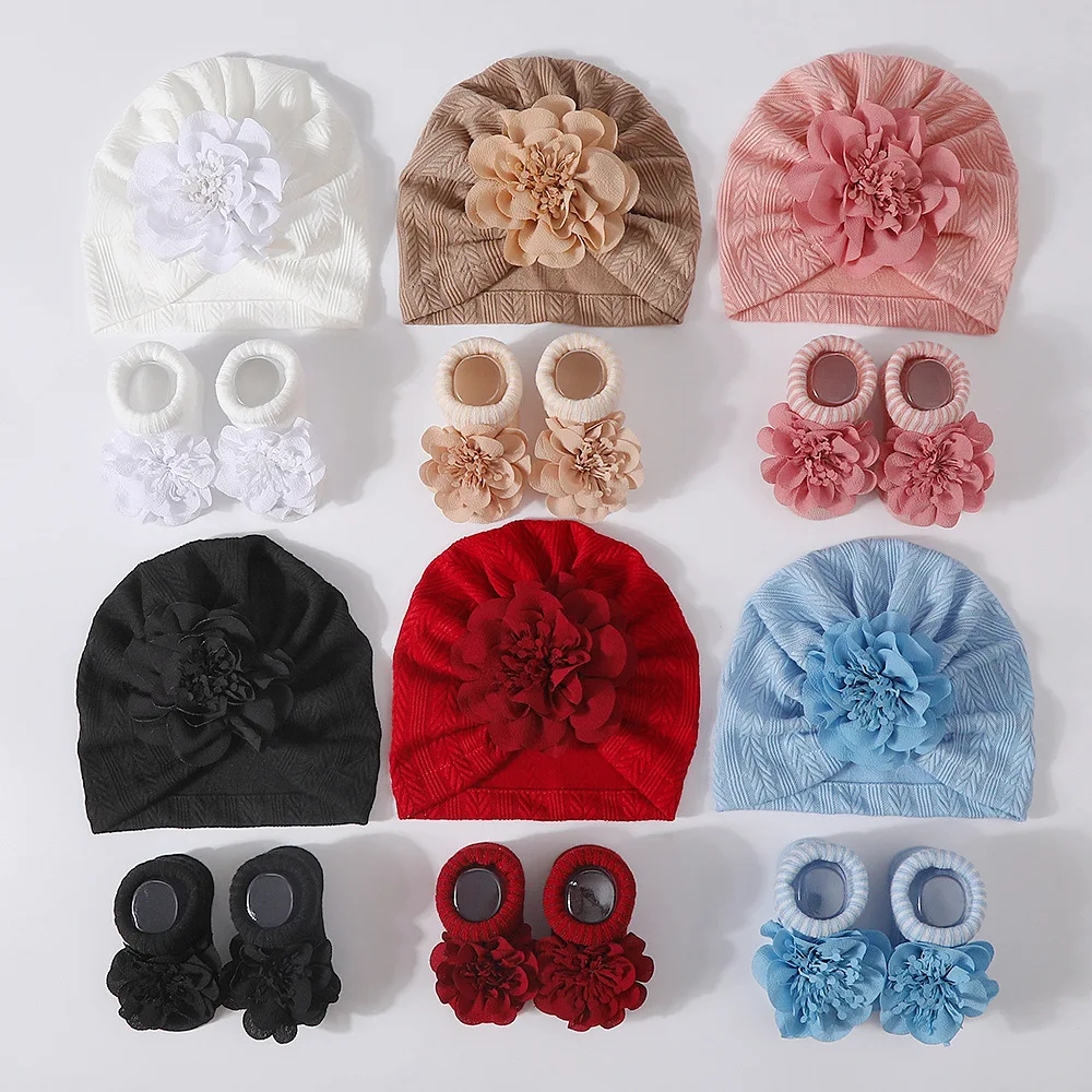 1 Juego de nuevos sombreros cálidos de flores para bebé, calcetines de otoño suaves y sólidos para antes de caminar, gorro para niña, gorro infantil, gorros bonitos, calcetines de turbante