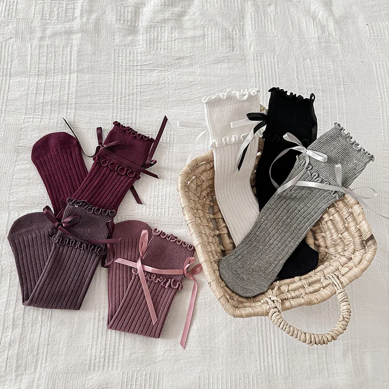 2026 calcetines de primavera para niños, calcetines con lazo para niñas, calcetines sólidos con lazo y volantes, calcetines sin tacón para niños para niñas