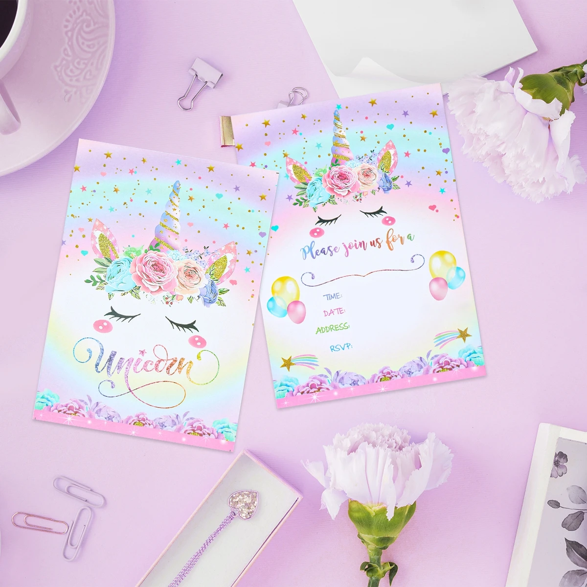 12 Uds. Tarjeta de invitación unicornio Arco Iris globo sobre tarjeta chica unicornio Fiesta Temática invitación decoración de fiesta de feliz cumpleaños - imagen 4
