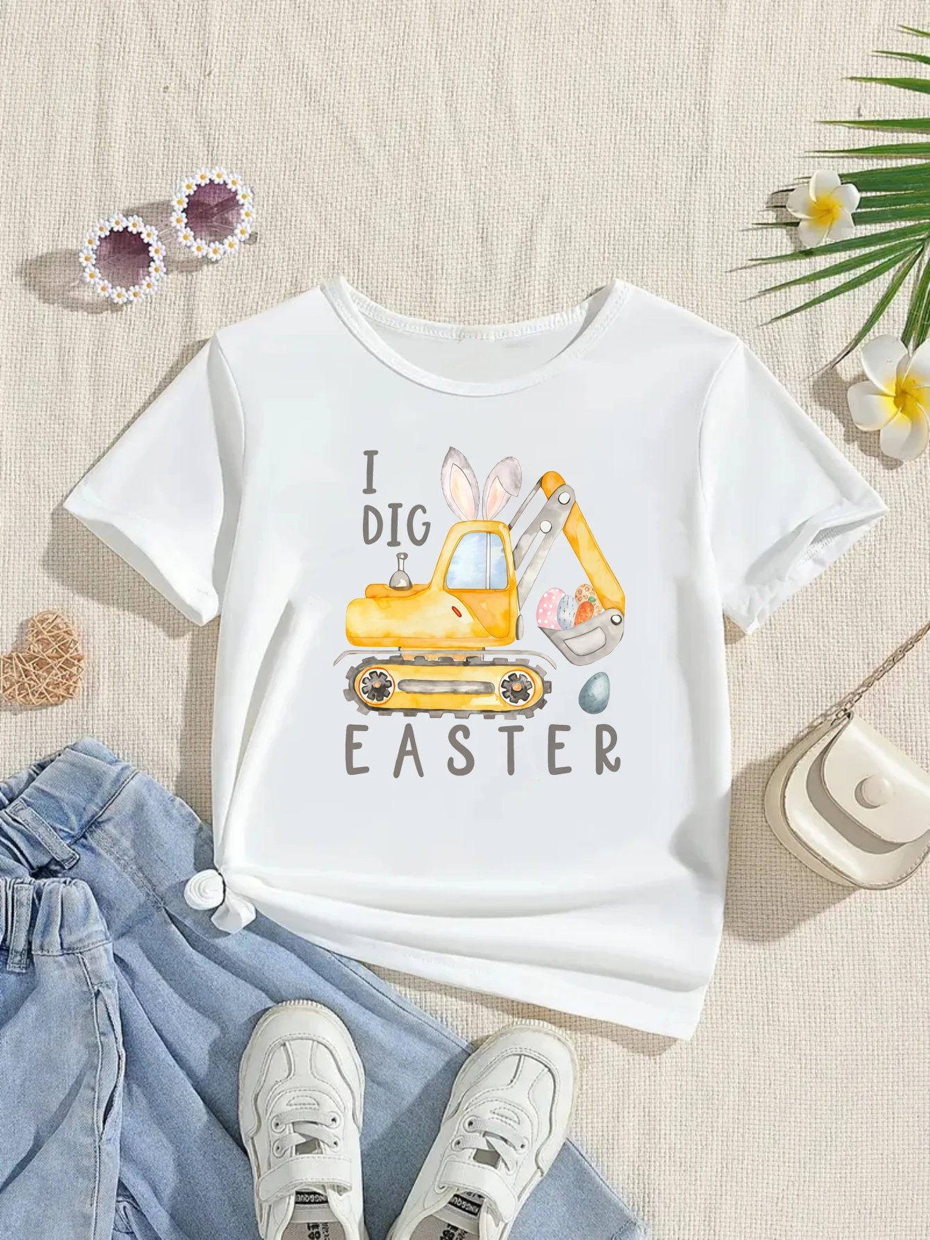 Camiseta con estampado de excavadora de Pascua I Dig, camiseta de regalo de conejito de Pascua para niñas/niños, ropa Kawaii para niños, camisa de manga corta de verano - imagen 2