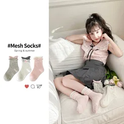 3 par/set INS lindo moda nuevos calcetines coreanos para niñas verano fino medio tripulado encaje malla transpirable calcetines tobilleros sin costuras con adorno de lazo