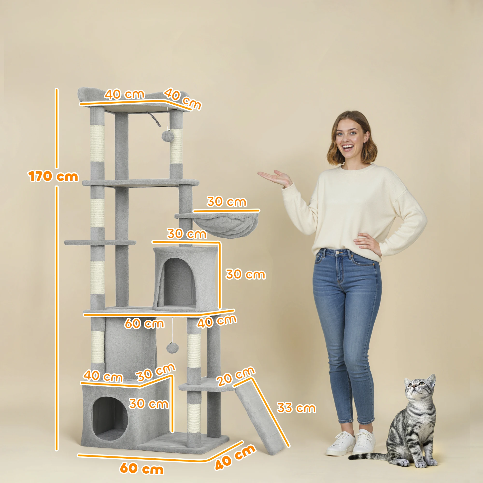 PawHut Árbol Rascador para Gatos Grande, Árbol para Gatos, Altura 170 cm, Torre de Escalada con 7 Postes, 1 Túnel, 3 Plataformas, 2 Cuevas, 1 Hamaca, 1 Percha, 1 Rampa, Pompones - imagen 4