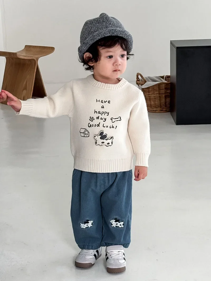 MILANCEL, nuevo suéter de otoño para niños, 9M-5T, letras impresas de dibujos animados, prendas de punto para niñas, Jersey de punto suelto coreano para niños