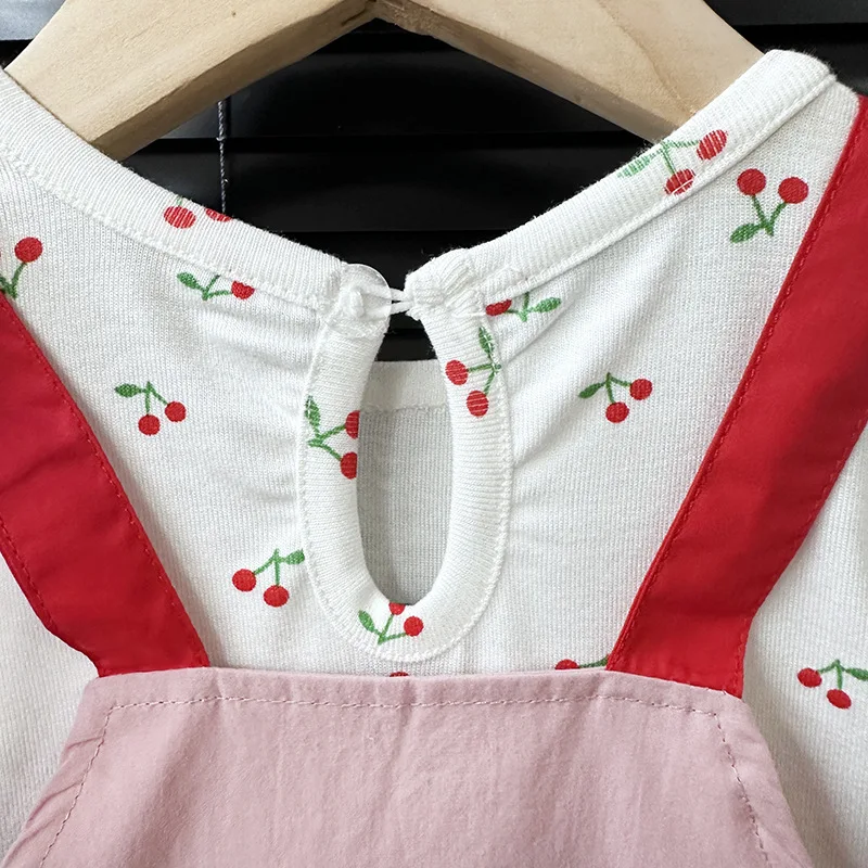 Conjunto de ropa para niñas de 9m -3T, camiseta de cereza con manga acampanada y monos bordados, traje para niñas de 2 uds. - imagen 3