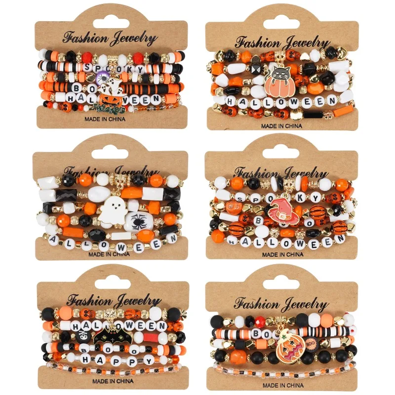 1/2 Uds pulsera de Halloween cristal Artificial pulsera de cuentas de cerámica suave calabaza fantasma sombrero de murciélago colgante pulsera de fiesta