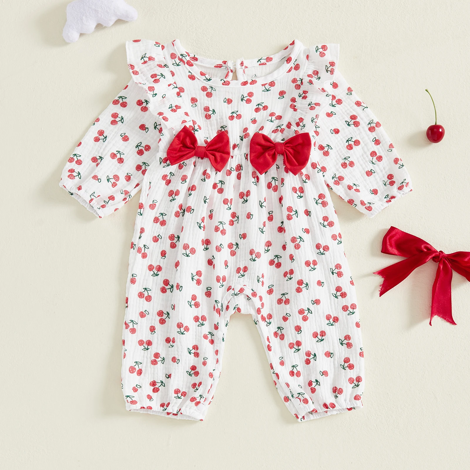 VISgogo Mameluco de otoño para niñas recién nacidas con estampado de cereza, manga larga, cuello redondo, mono con decoración de lazo con volantes
