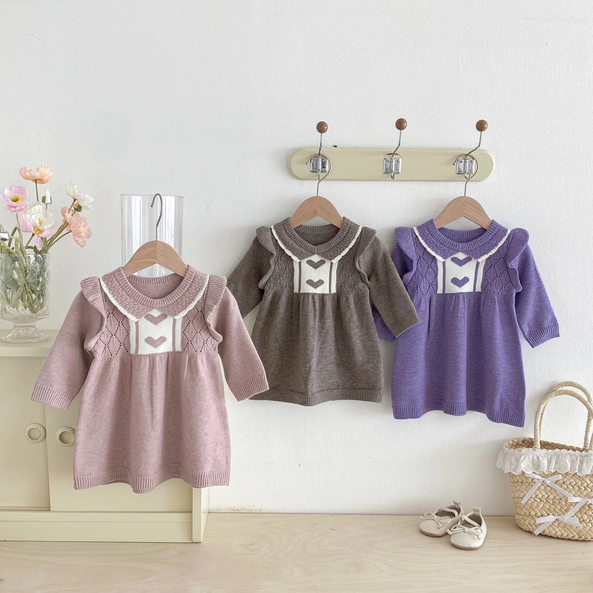 Ropa para niñas de 0 a 3 años, vestido de punto con volantes y estampado de corazón, prendas de punto para niños pequeños, vestido suéter para niñas