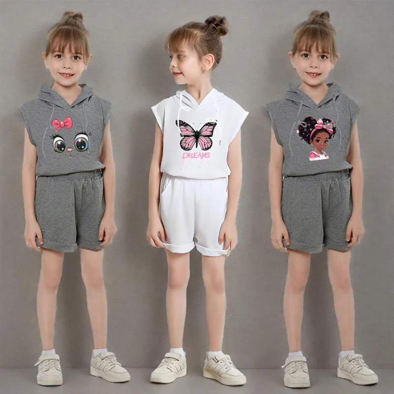 Camiseta de verano para niños, chaleco + Pantalones cortos, conjuntos de 2 uds., Top sin mangas con capucha, traje informal para niñas, ropa deportiva para exteriores para niños