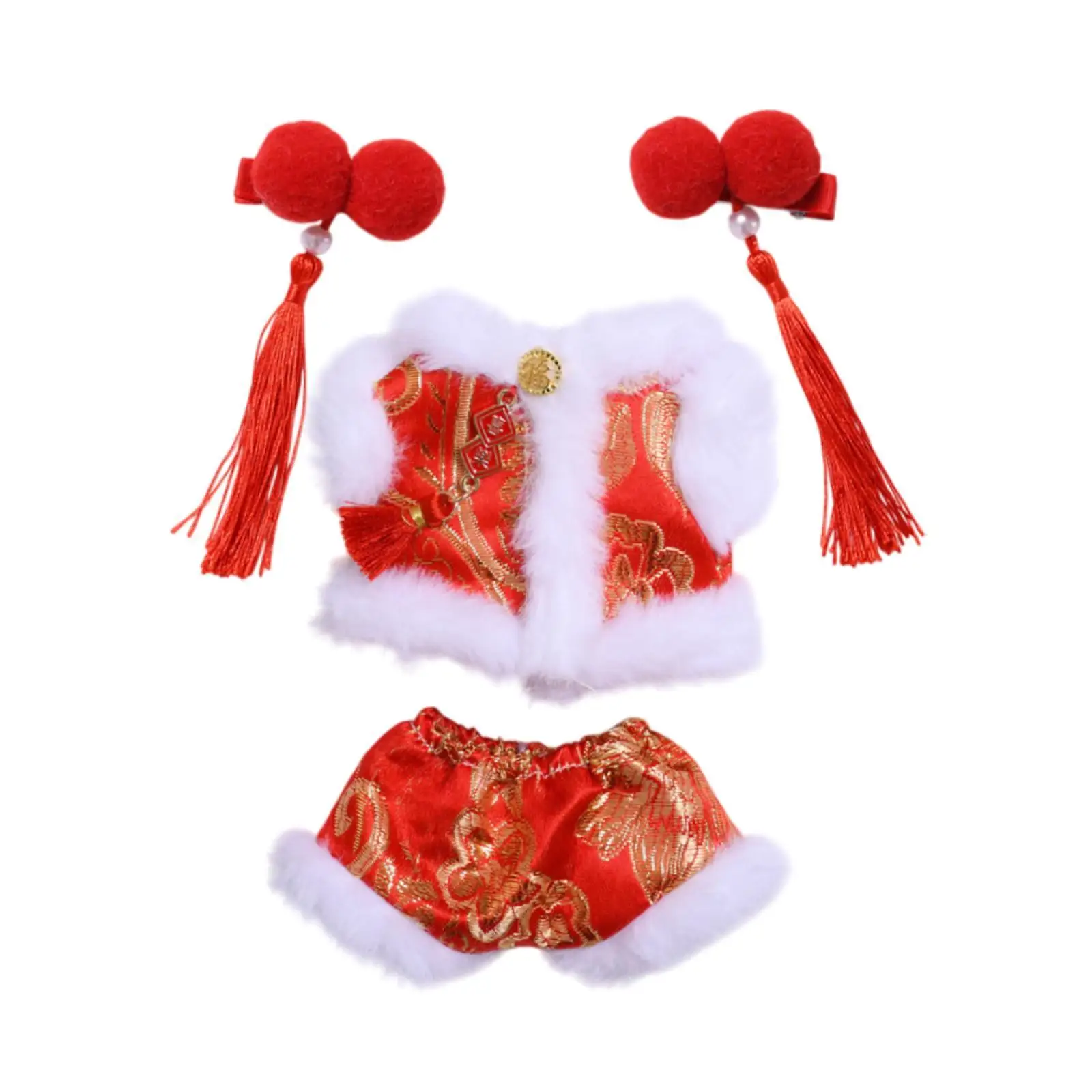 4x Fashion Dolls New Year Coat and Pants Hairpin, Handmade Miniature Clothes Outfits for 15-17cm Dolls Birthday Gifts