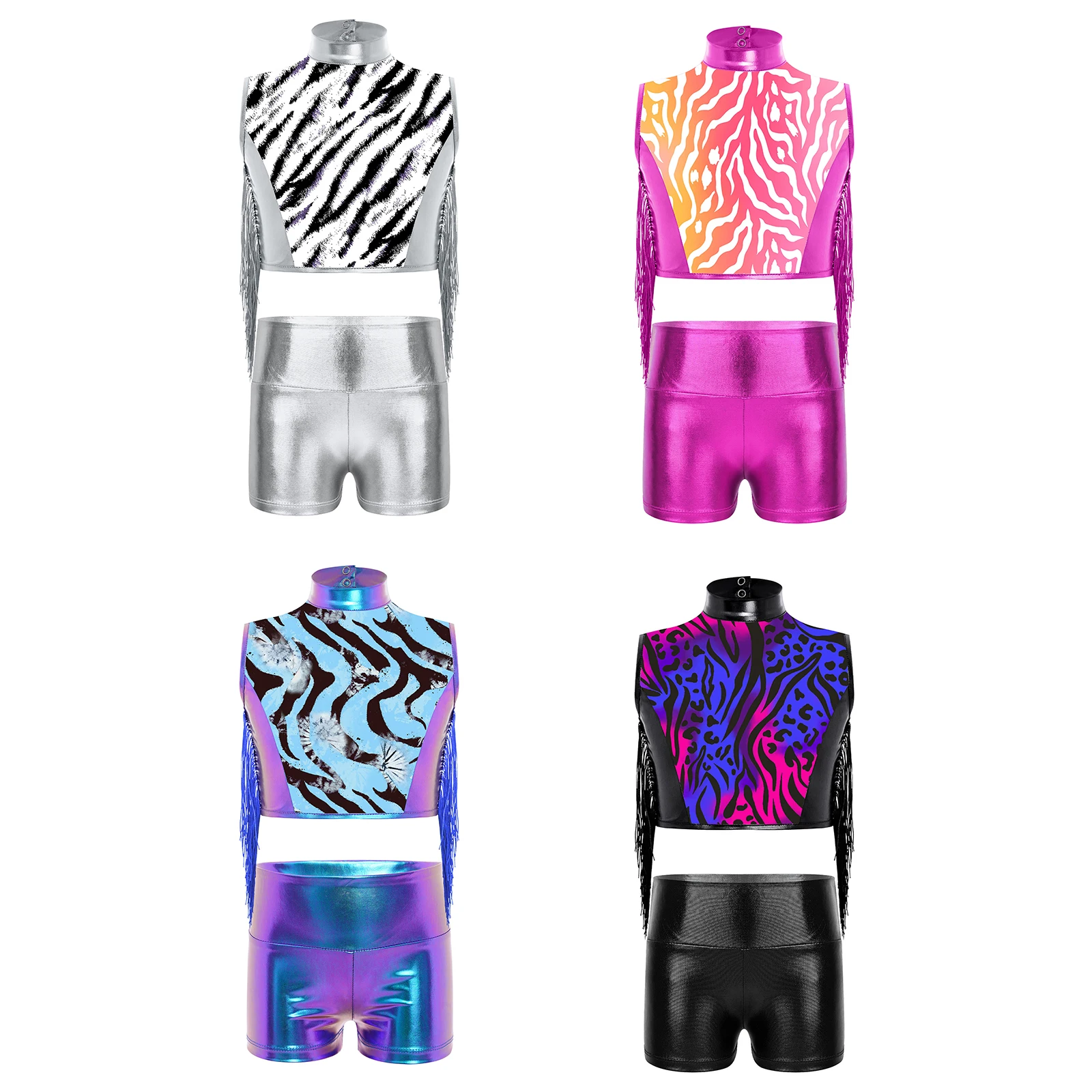 Traje de baile metálico con top y shorts para niñas – Estilo callejero - imagen 5