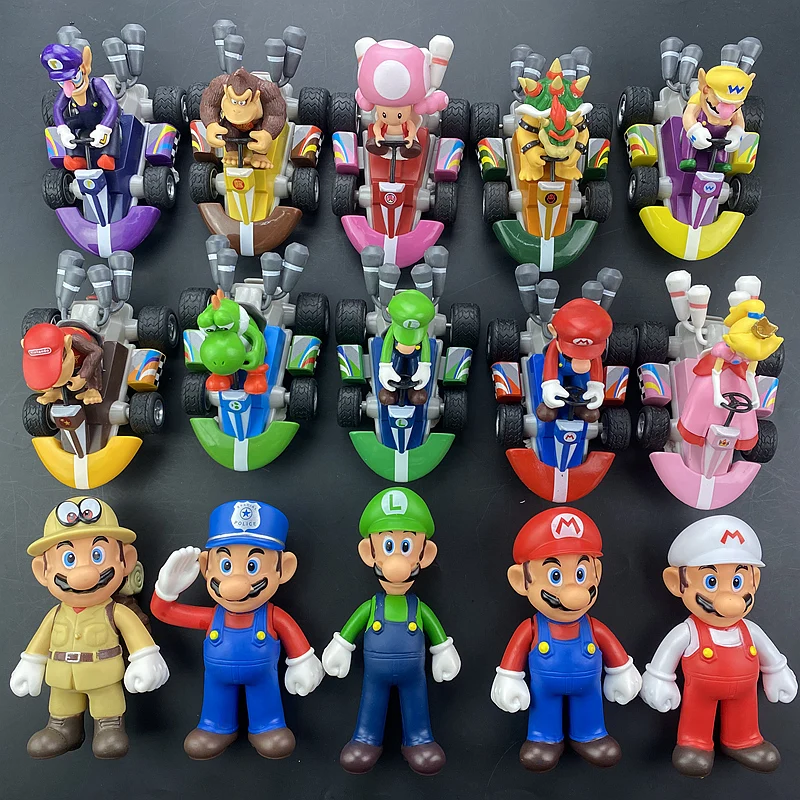 Super Mario Bros Karting Luigi Bowser princesa melocotón Yoshi Toad figuras de acción de juguete tirar hacia atrás coche Anime juego muñeca regalos para niños
