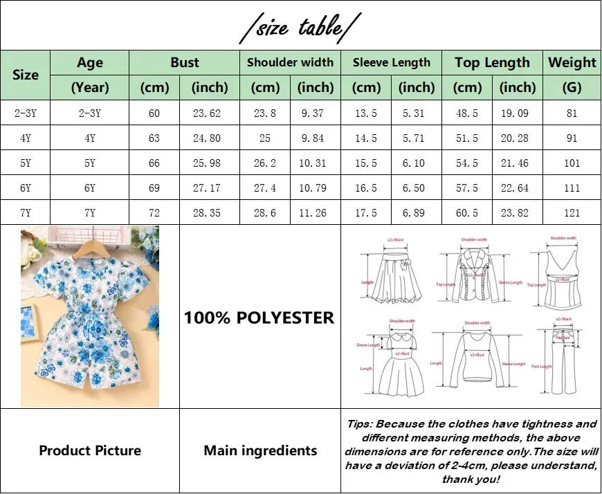 Nuevo Mono de verano para niñas, pelele de manga corta con flores azules para niños, ropa informal de moda para vacaciones para niños de 2 3 4 5 6 7 años - imagen 3
