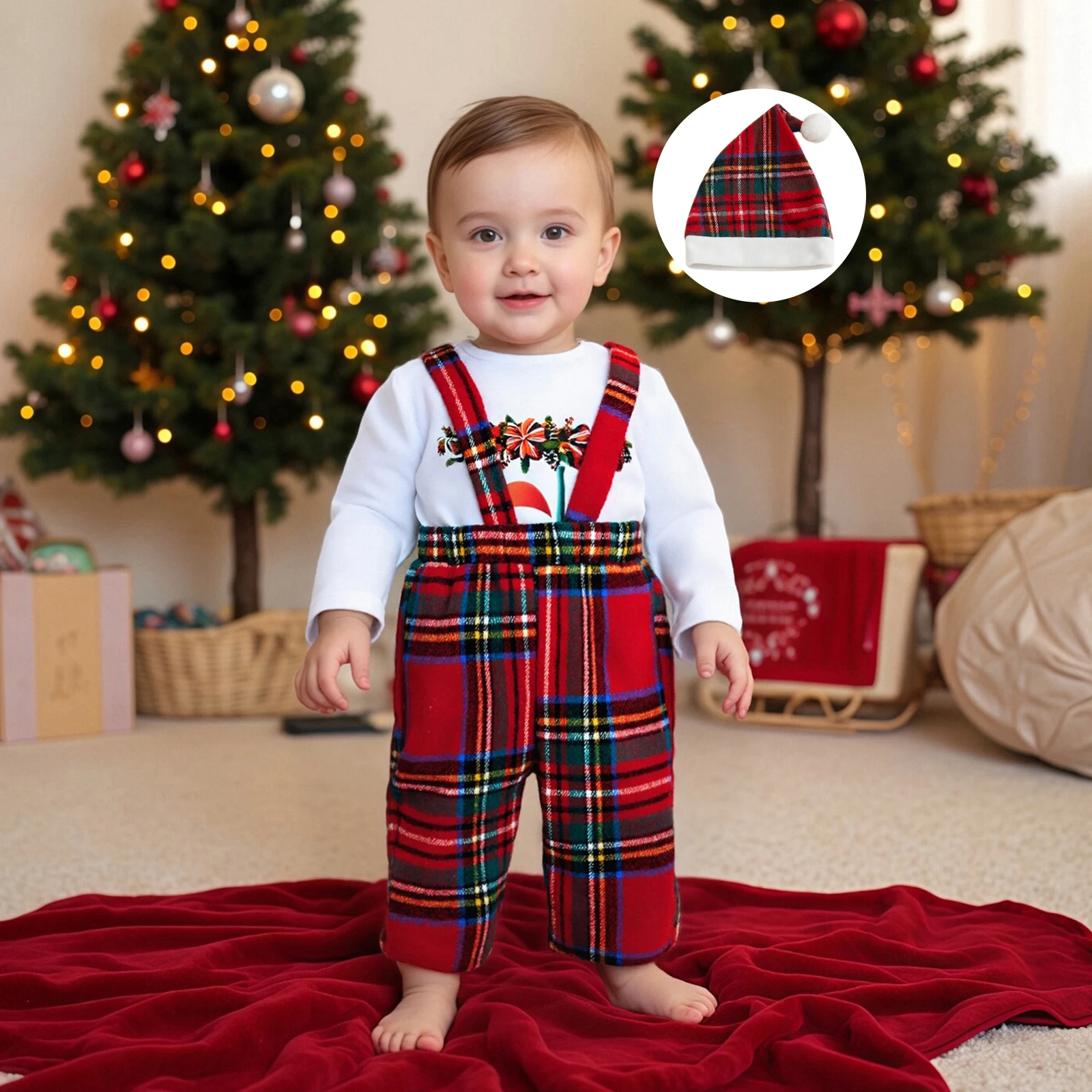 ViSgogo Conjunto de 3 piezas de traje navideño para bebé, niño y niña, mameluco de manga larga de Papá Noel, pantalones con tirantes a cuadros y sombrero - imagen 2