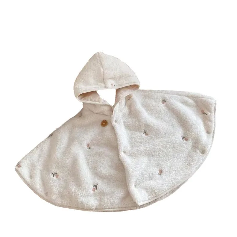 Capa para niños INS con capucha, capa de lana Coral, nuevo Poncho para bebé con bordado, chal cálido a prueba de viento, ropa de abrigo para niño niña - imagen 5